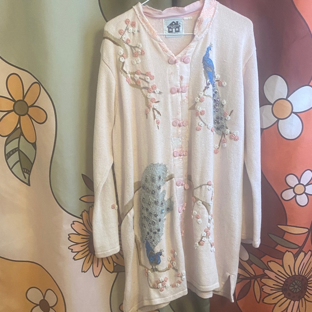 Storybook Knits embroidered Peacock knit cardigan—FLAWED FAIR CONDITION